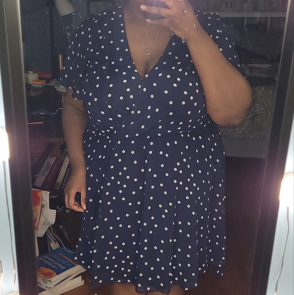 Justfab Dresses Deep-V Navy And White Polka-dot Dress